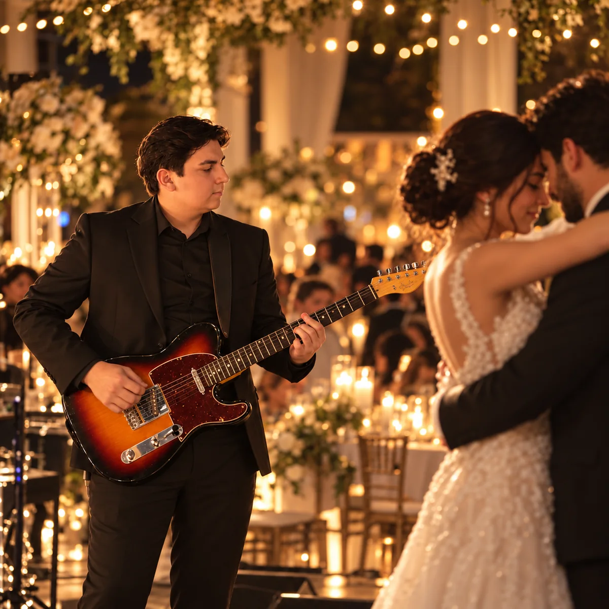 Guitarrista tocando mientras una pareja de novios comparte un momento romántico en una celebración iluminada con luces cálidas