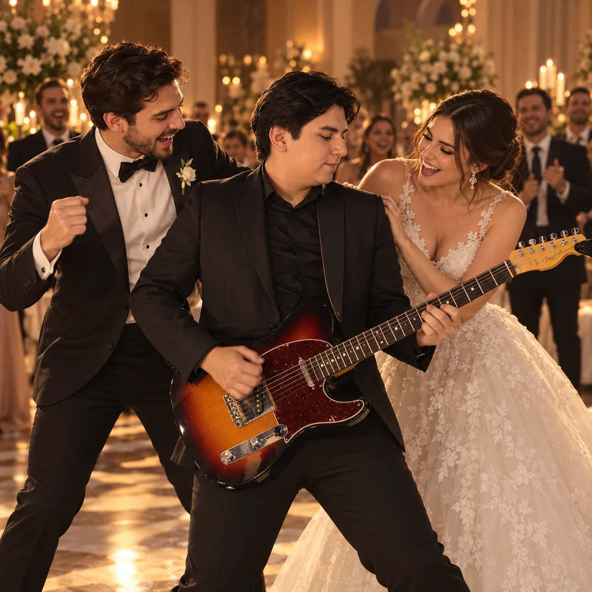 Un guitarrista con los novios durante un momento alegre de la celebración